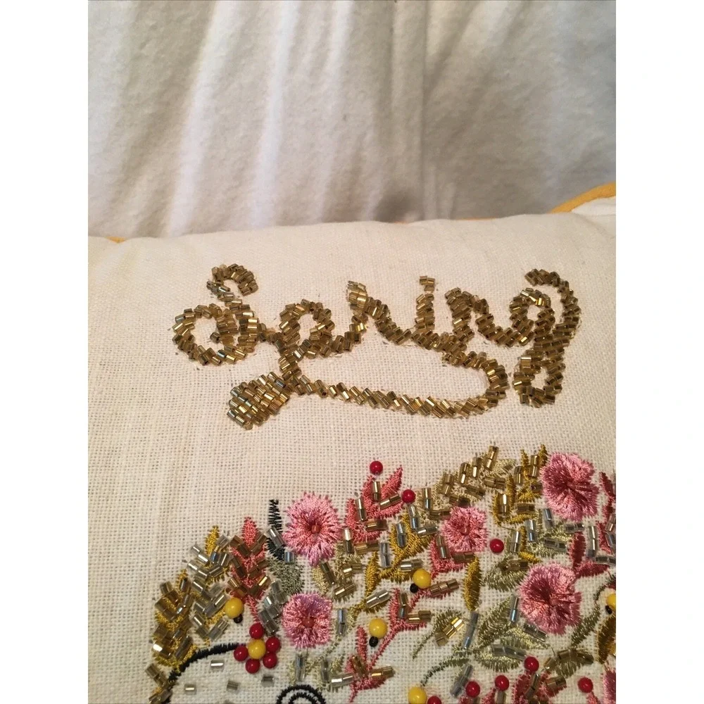 Happy Spring Beaded Floral Pillow Throw Decorative Garden Hedge Hogs